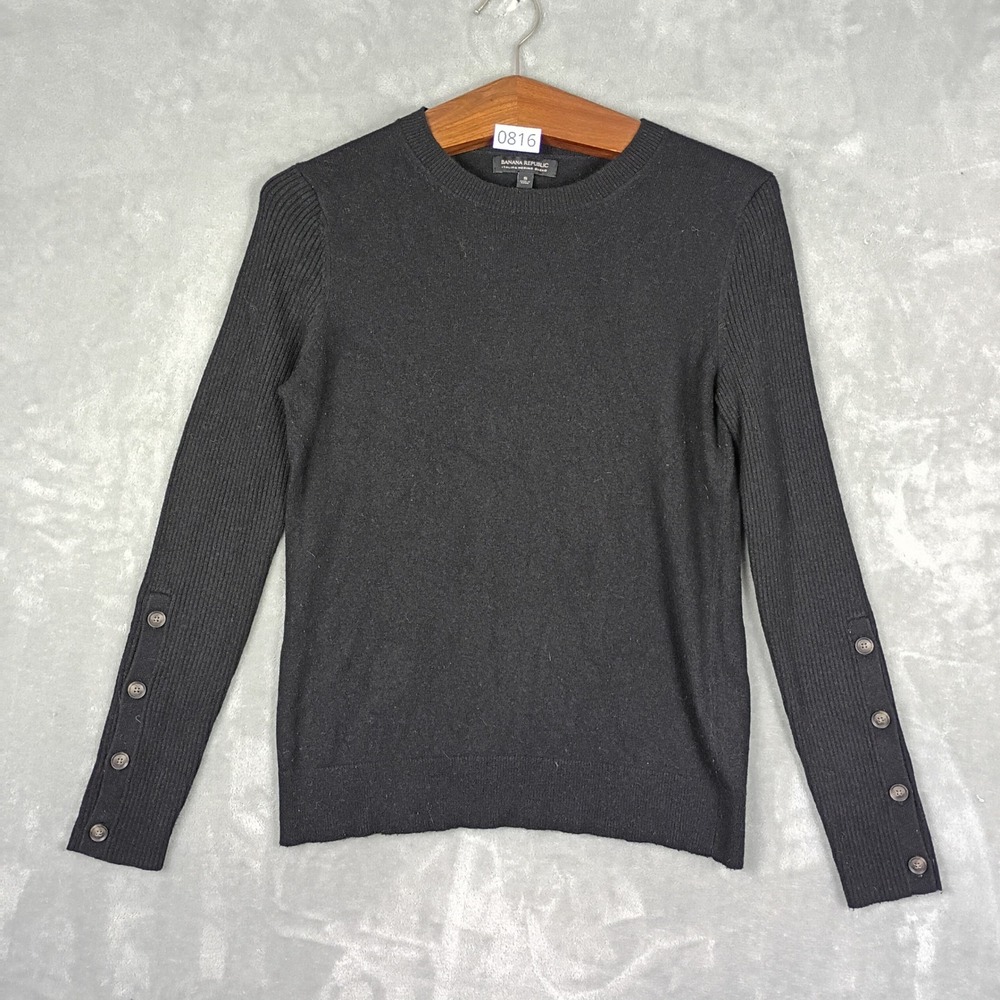 Banana Republic Sweater Womens Small Black Merino Blend Button Cuff Work Wear